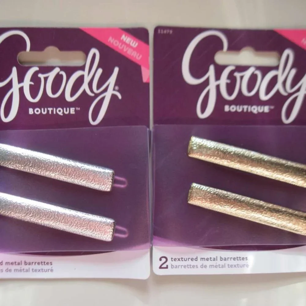 2 Goody Boutique Textured Metal Hair Barrettes Secure Back Clips Stay Tight Gold